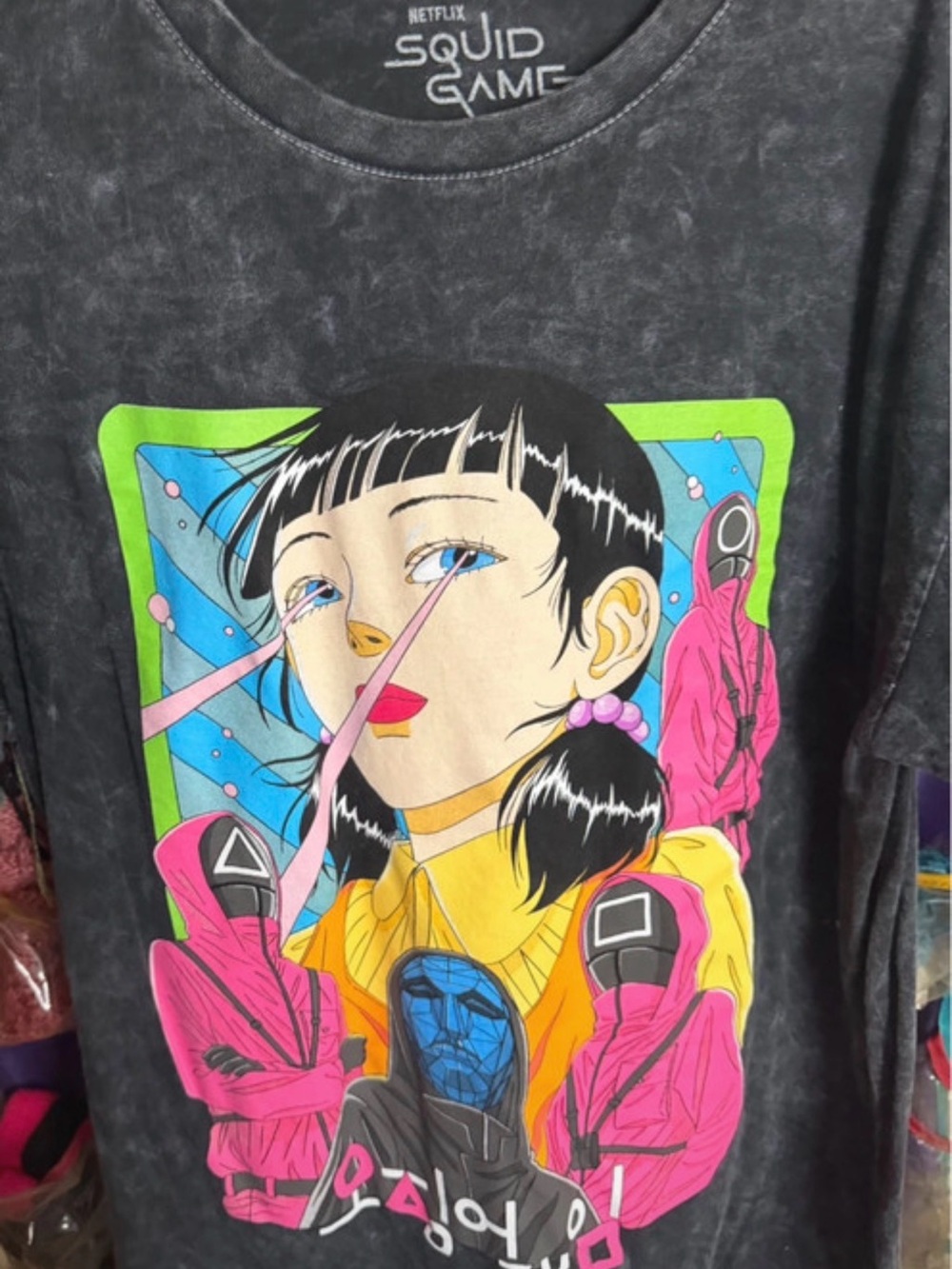 Netflix Squid Game Tee - Black with Neon Pink, Yellow, Blue & Green